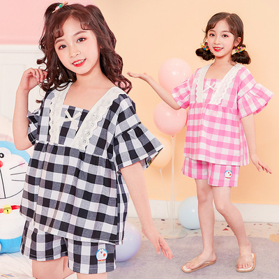 哆啦A梦IP女童家居服套装2021夏季新款儿童睡衣中大童格子两件套