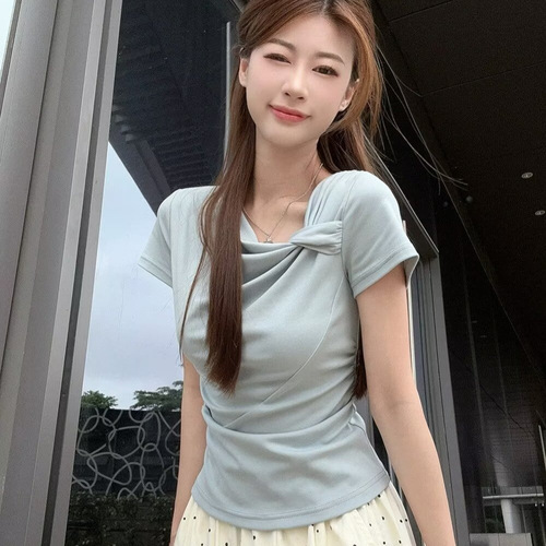 Irregular Knot Short-Sleeve Women's Summer 2025 Fitted Slimming Crepe Top Elegant and Refined