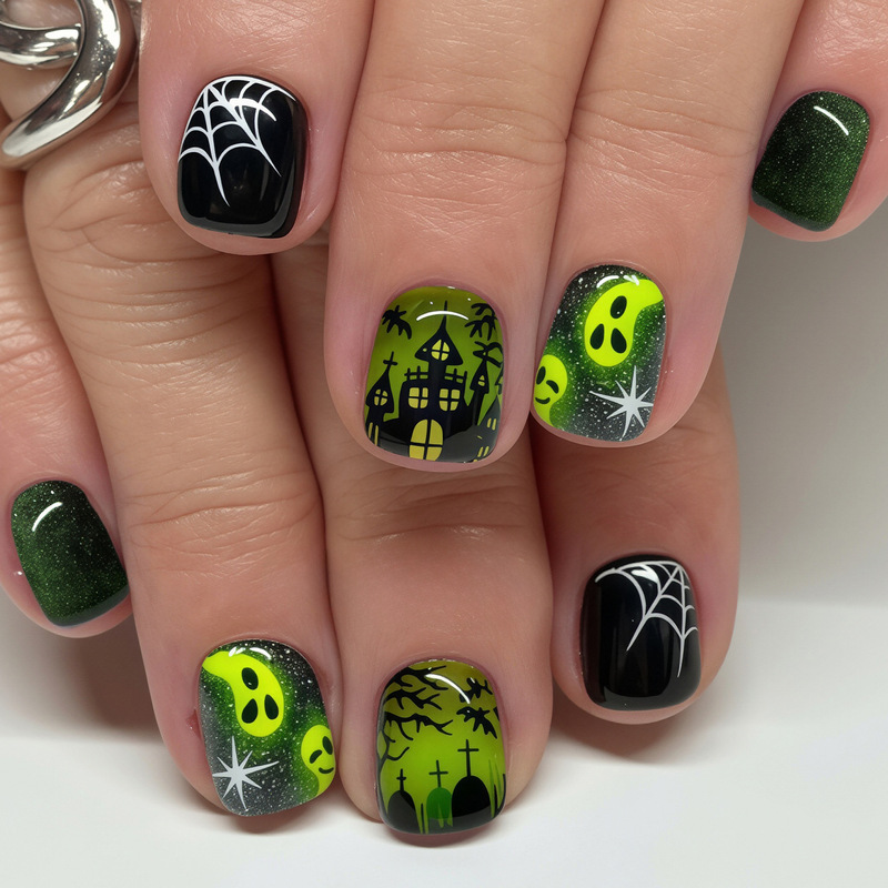 New cross-border Halloween green nail art in dark style with ghost castle and spider web designs, 24-piece wearable nail set New cross-border Halloween green nail art in dark style with ghost castle and spider web designs, 24-piece wearable nail set