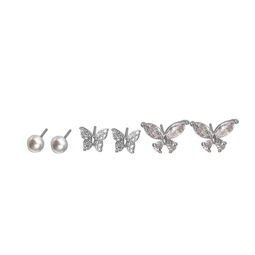 Korean Fashion Versatile Micro-Inlaid Zirconia Butterfly Three-piece Set Earrings S925 Silver Needle Temperament Small Earring Buckle