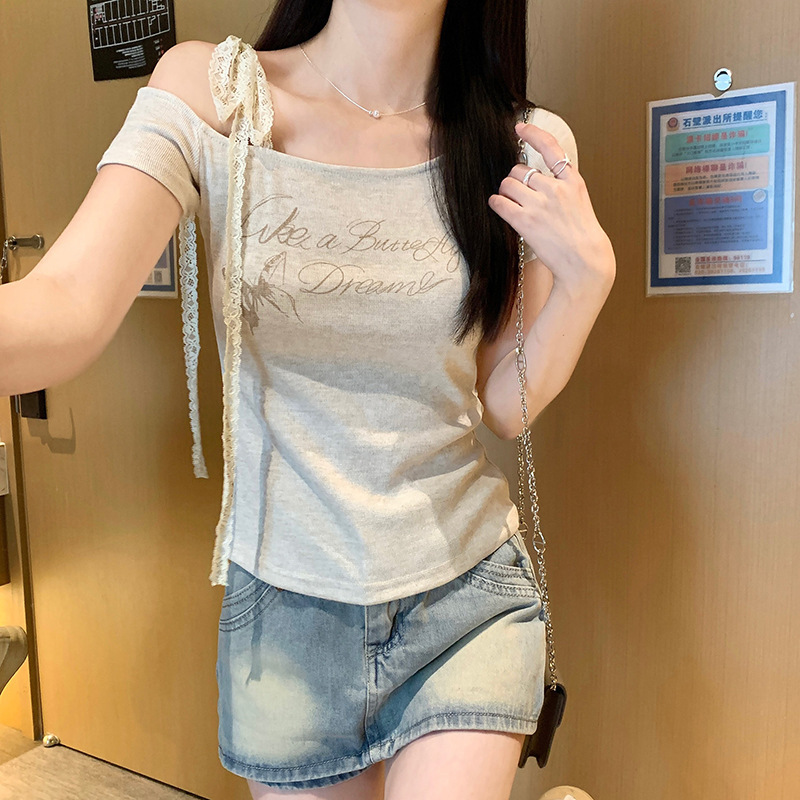 Sweet Hot Girl Off-Shoulder Tie-Up Short Sleeve T-Shirt for Women 2025 Summer New Slim Fit Letter Print Top