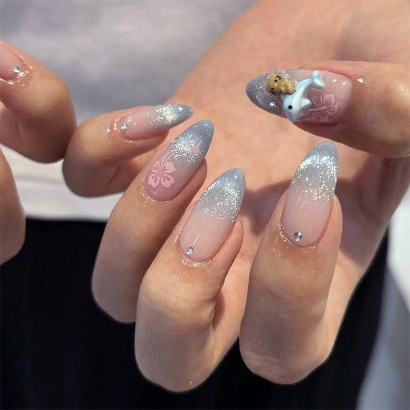 French Blue Cat's Eye Gradient Nail Drill Nail Pieces Spring Flower Nail Pieces Almond Fake Nail