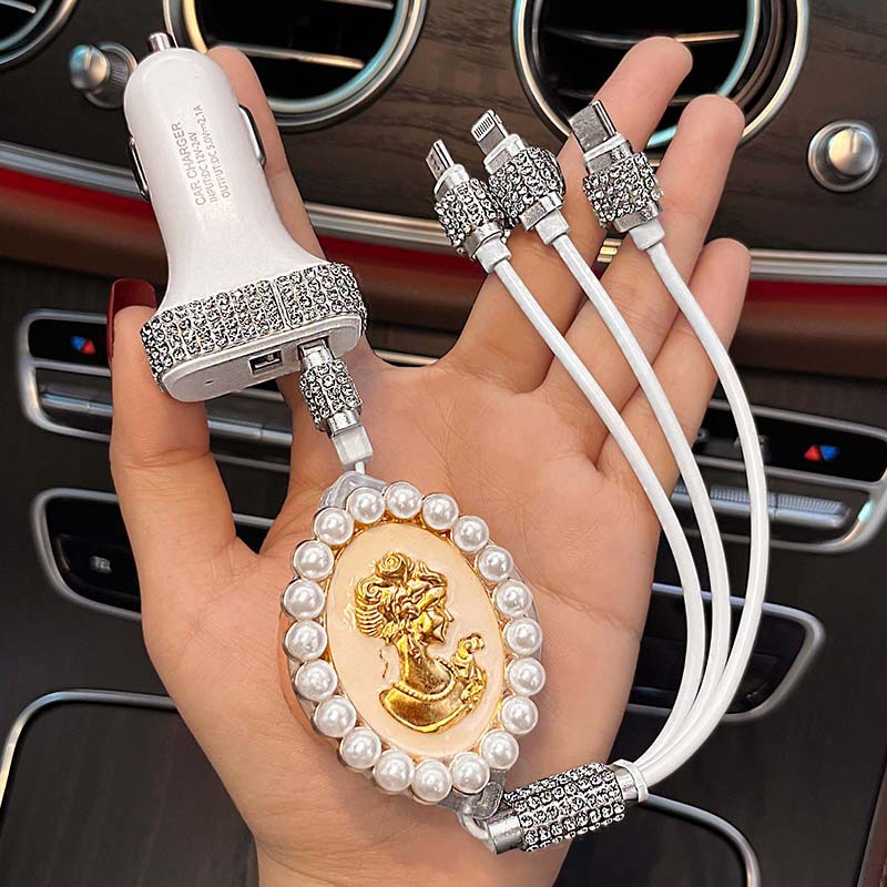 Diamond-encrusted data cable three-in-one car charging cable multifunctional retractable portable storage three-port tpyec charging