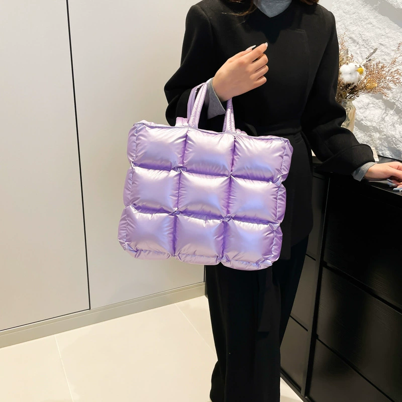 Glossy nylon quilted handheld shoulder bag with down