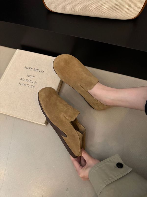 牛皮版~软底真皮单鞋一脚蹬勃肯鞋女复古圆头平底博肯鞋豆豆鞋子|undefined