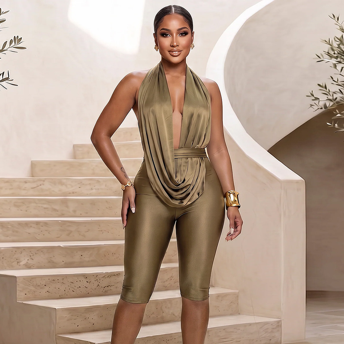 12211 European and American cross-border women's new elastic lace-up sexy deep V hollow backless halter neck jumpsuit