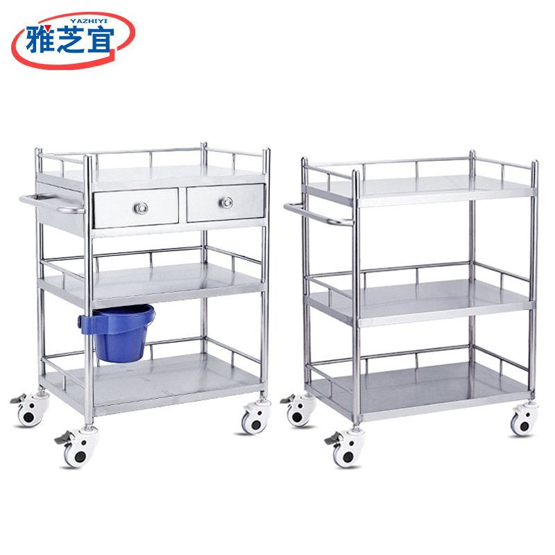 304不锈钢推车三层双层带抽屉小推车美容车仪器车纹绣工具治疗车