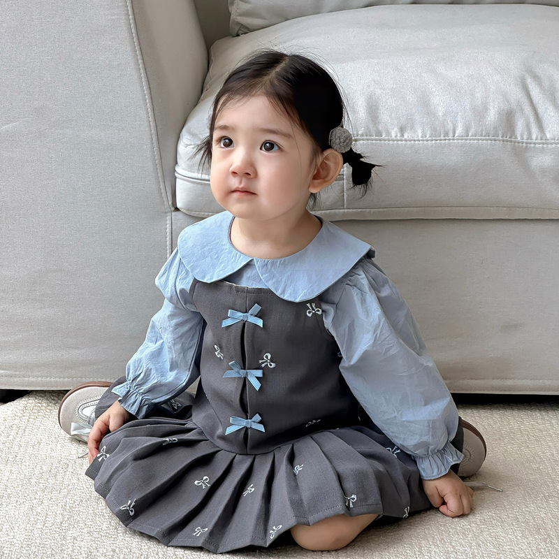 幼児 2025 秋の新刺繍サスペンダースカートスーツ女の赤ちゃんシャツリボンドレス 2 点セット|undefined