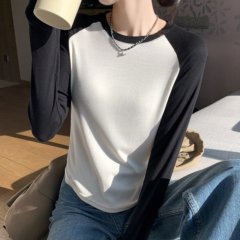 QY806 女性のラグラン Tシャツ女性の長袖黒スプライシングスリムトップ夏のホットガール Tシャツラウンドネックカジュアルウェア|undefined