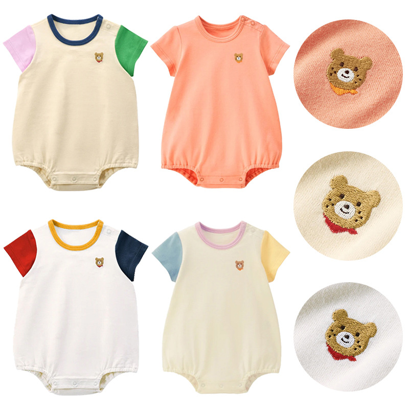 Ready Stock Baby Short-Sleeved Harem Summer Kidsren's Cute Pitted Bear Embroidered Soft Jumpsuit Romper
