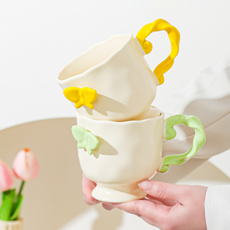 Inswind Dream Butterfly Taza de café de pies altos para niñas de oficina desayuno taza de leche regalo de cumpleaños