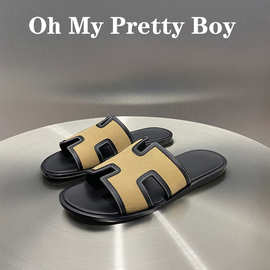 即将下架！真皮大底 蓝色牛皮配帆布凉拖鞋男夏季外穿男鞋