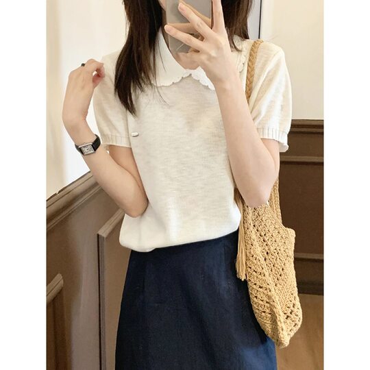Fresh and Simple Korean Style Doll Collar Short Sleeve T-Shirt for Women 2025 Summer New Sweet Youthful Elegant Knitted Top