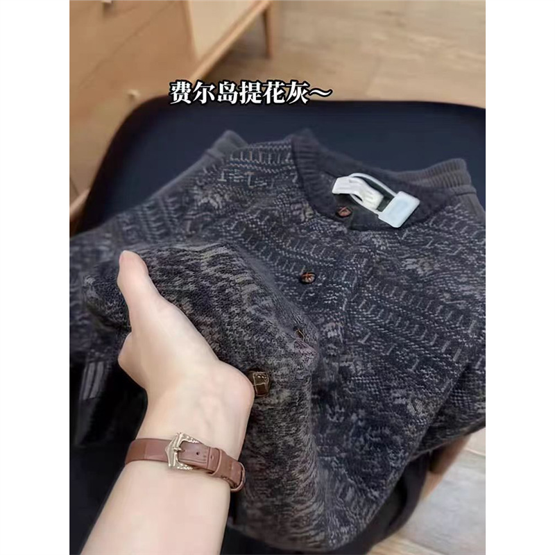 法式复古提花针织开衫女2025新款秋季圆领长袖毛衣外套费尔岛上衣|undefined
