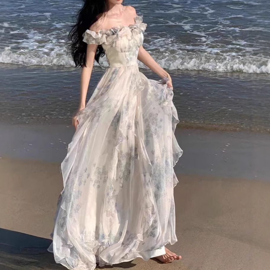 Seaside Holiday Style Slip Skirt Yarn French Style Gentle Ruffled Beach dress Atmosphere Long Skirt Cross-border Hair