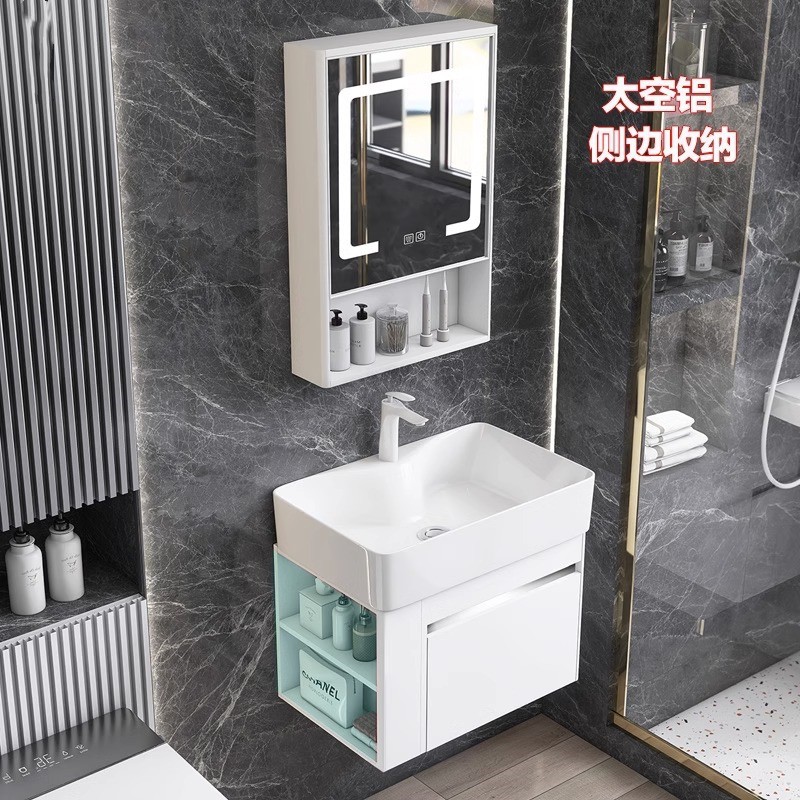 Shiyi lado estrecho espacio de almacenamiento gabinete de baño de aluminio pequeño apartamento lavado a mano combinación de gabinete lavabo integrado