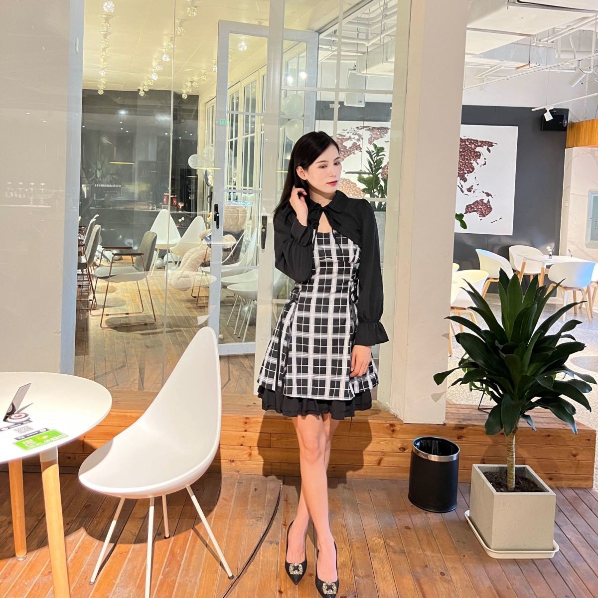 linjou2024夏季甜美雪纺开衫套装黑白格子吊带连衣裙两件套女裙子