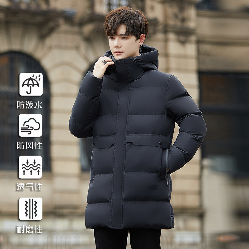 Thickened Men's plus size Mid-length Cotton Coat Winter Warm Down Cotton Bread Coat Hooded Casual Graphene Cotton Coat