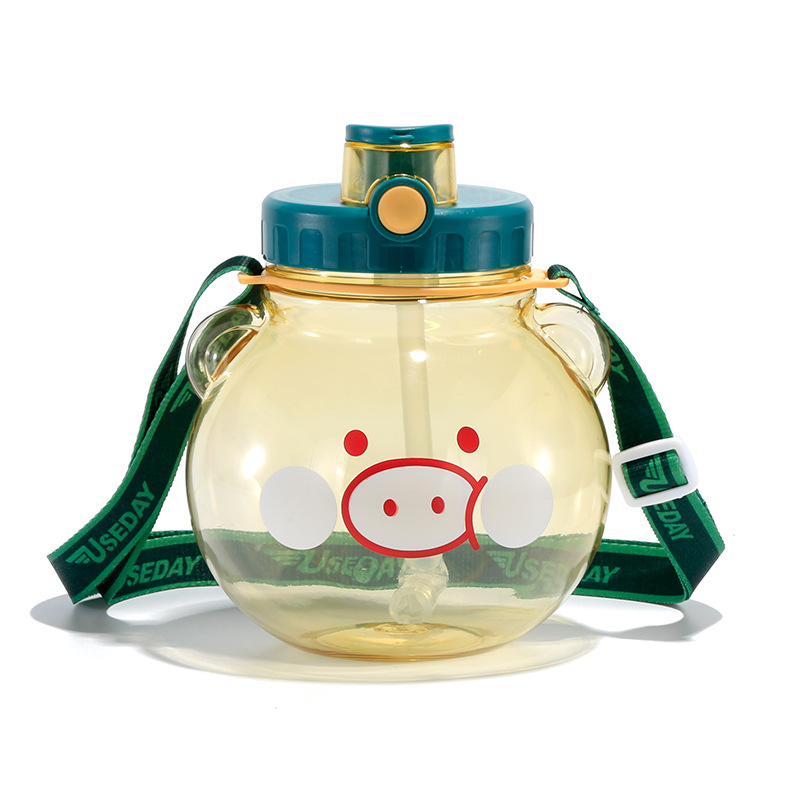 Linda taza de agua infantil con pajita de dibujos animados, taza de plástico con forma de cerdo, súper adorable con correa y tapa emergente, taza de gran capacidad.