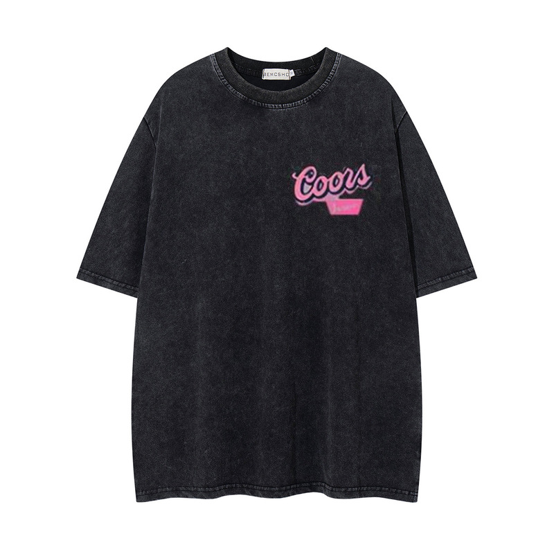 Trendy Brand Washed Western Mustang Retro Letter Print Front and Back Short-Sleeve T-Shirt for Men and Women, Couple's Summer Loose Top