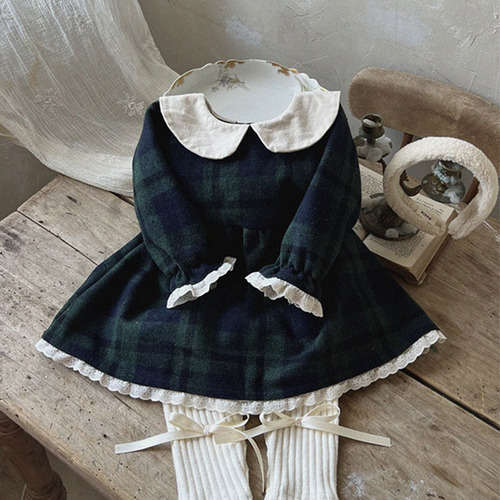 Korean version of the new spring and autumn baby doll collar long-sleeved lace dress baby checkered cute princess trendy dress