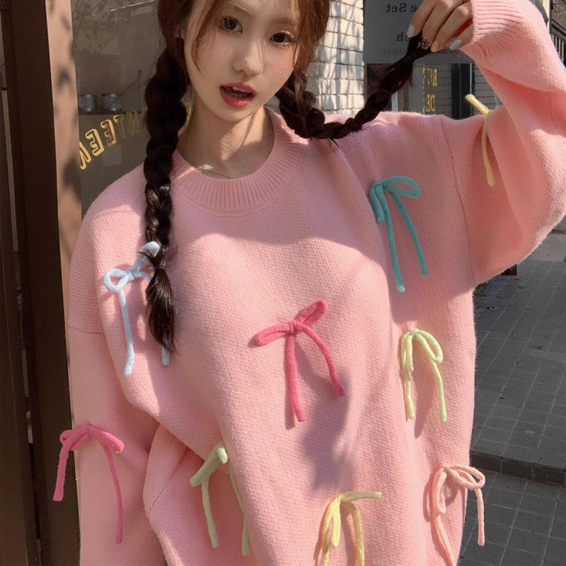 Pink Bowknot Lazy Style Sweater for Women, 2025 Autumn/Winter New Loose Fit Sweet Youthful Knit Top Pink Bowknot Lazy Style Sweater for Women, 2025 Autumn/Winter New Loose Fit Sweet Youthful Knit Top