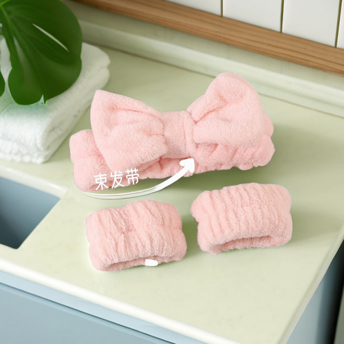 Face Washing Anti-Damp Trio Set, Coral Fleece Water Absorbent Hair Tying Band & Wrist Band for Ladies, Showering & Skincare Anti-Wetting Tool