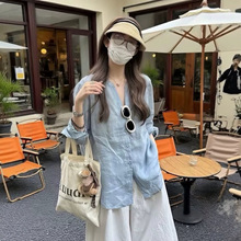 棉麻休闲风蓝色长袖衬衫女2026新款防晒衣气质宽松显瘦薄款上衣潮