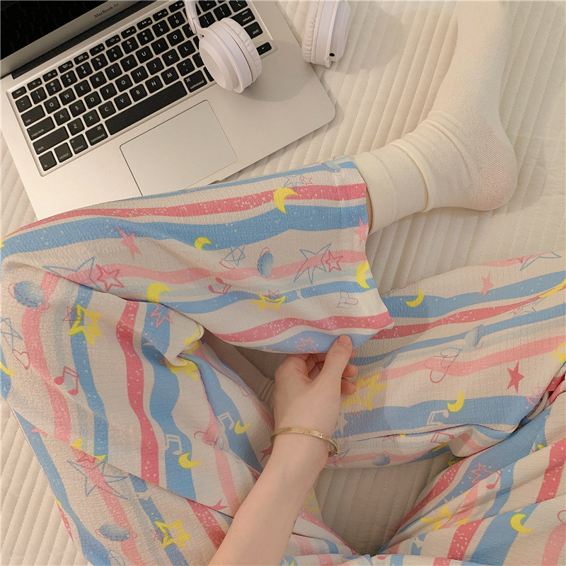 Pantalones de dibujos animados lindos pantalones de pijama elásticos de cintura estudiantil en casa pantalones largos de primavera y otoño de verano para mujeres pantalones casuales