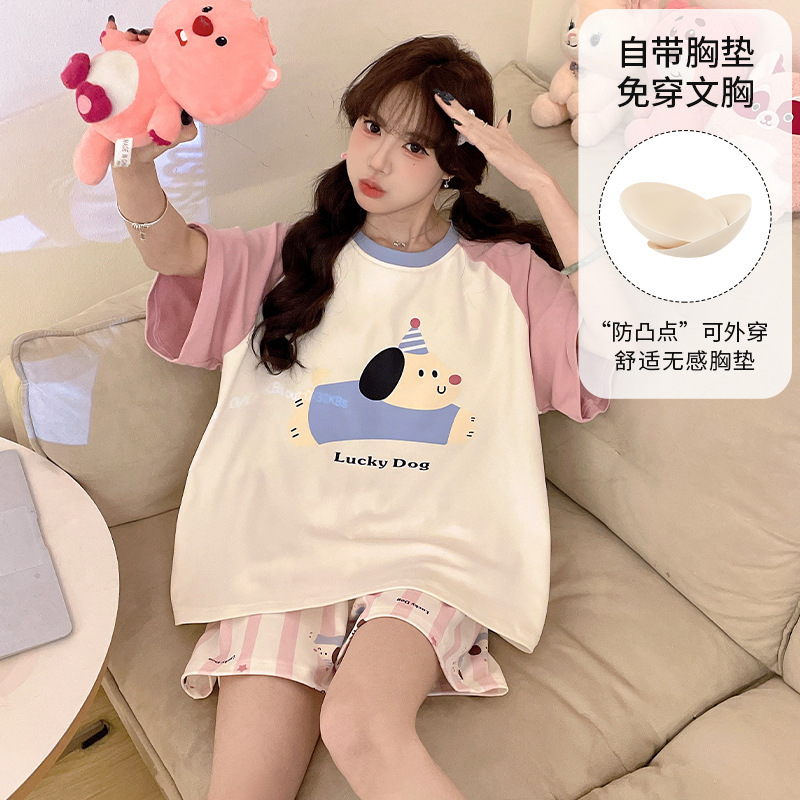 Comes with Chest Pad Pajamas Women's Summer Short-sleeved Shorts Two-piece Suit Outfit Anti-bump Cartoon Women's Home Clothes