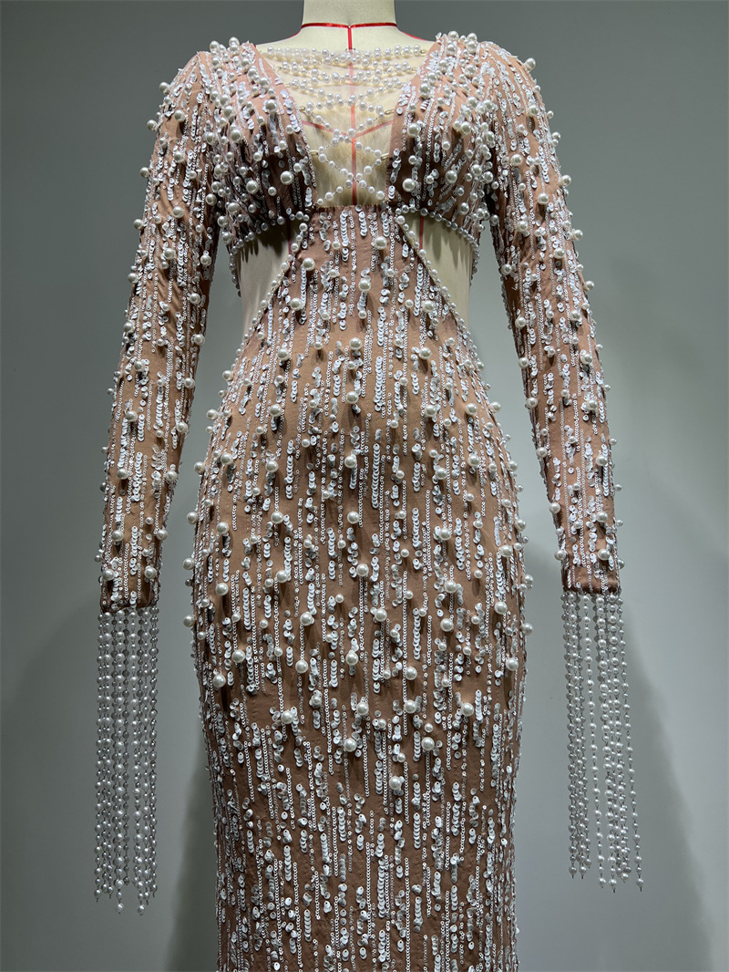Abito da sera donna con paillettes e perline scollo a v elegante_voghion.com