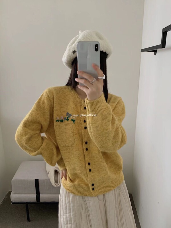 韩系慵懒风刺绣花朵针织开衫女秋季新款高级感宽松软糯毛衣外套|undefined