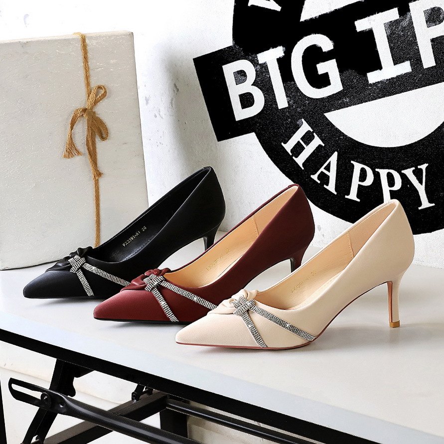 3391-A1 European And American Fashion Party Heels Stiletto Shallow Pointed Rhinestone Bow High Heel Pumps Women's Shoes_vogvips.com