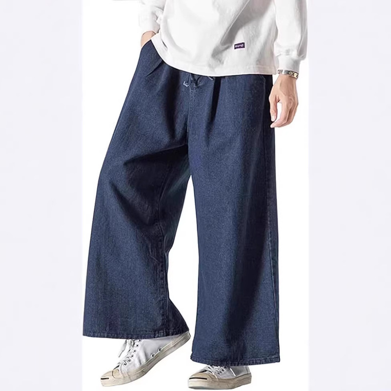 Men's Wide-Leg Cotton Casual Slim-Fit Carpenter Jeans Hip-Hop Blue-Black