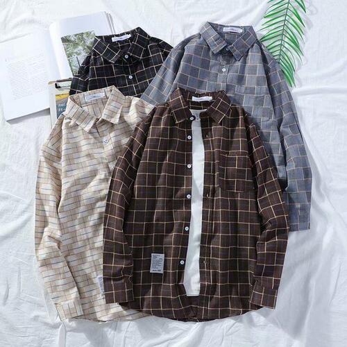 Men's Grid Shirt, Long Sleeve, Hong Kong Style, Autumn Couple Student Youth Korean Version Loose Shirt and Outerwear