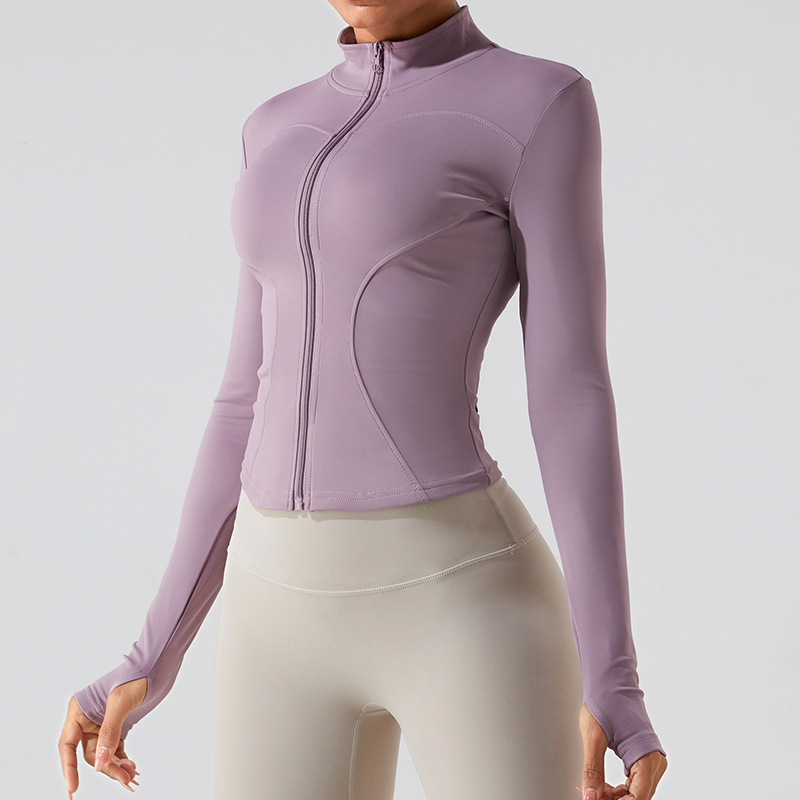 Ropa de fitness de secado rápido de las mujeres SLIM-Fit deportes top de alta cremallera elástica ropa de Yoga de manga larga collar chaqueta de yoga