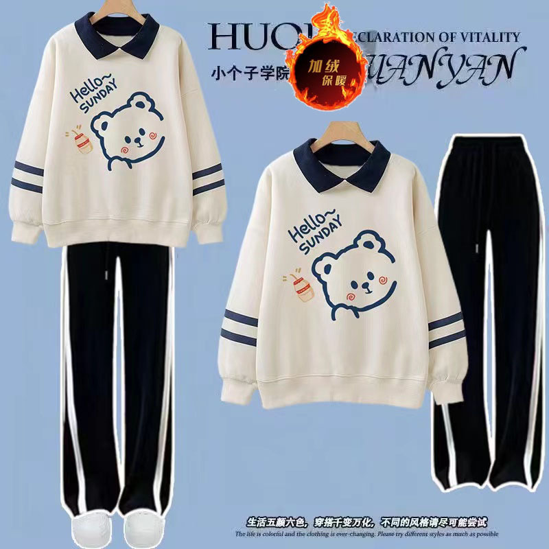 初中学生polo领加绒加厚卫衣套装秋冬季女孩洋气时髦运动两件套批
