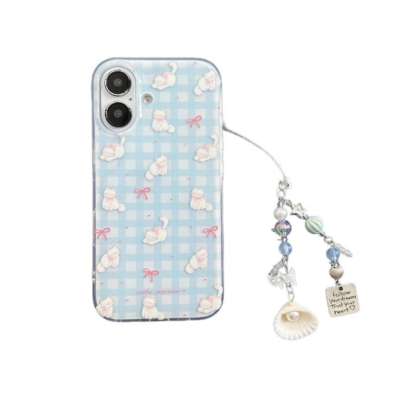 Pequeño gato con lazo a cuadros azul fresco para iphone16ProMax Apple 15 funda para teléfono móvil 14 femenino 13 nuevo