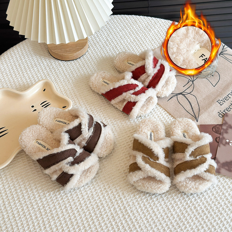 Furry Slippers for Girls 2025 Autumn and Winter New Thick-Soled Heightening Fleece-Lined Half-Slip Birkenstock Shoes Plush Korean Wholesale
