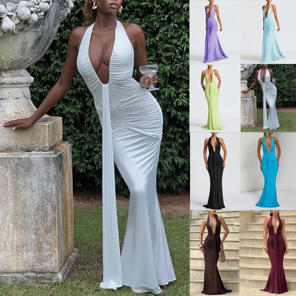 Cross-Border Export New Pure Color Elegant Halterneck Deep V Waist Long Skirt Sexy Backless Streamer Fishtail Dress