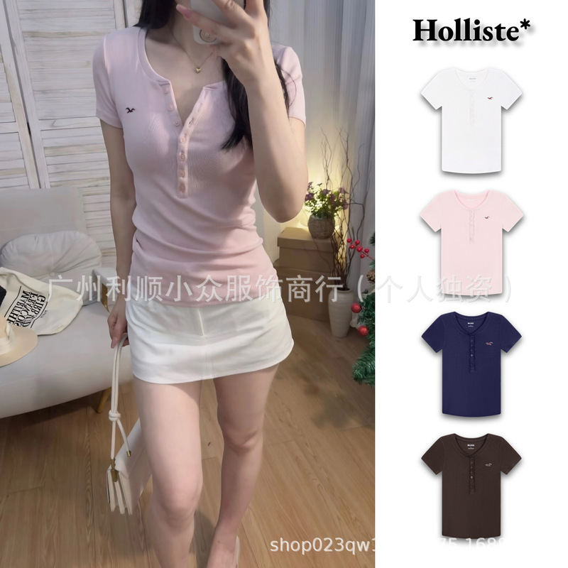 [in Stock] Holliste* Little Seagull Classic Henry Collar Red Label Embroidered Slim-Fit Short-Sleeve T-Shirt for Women
