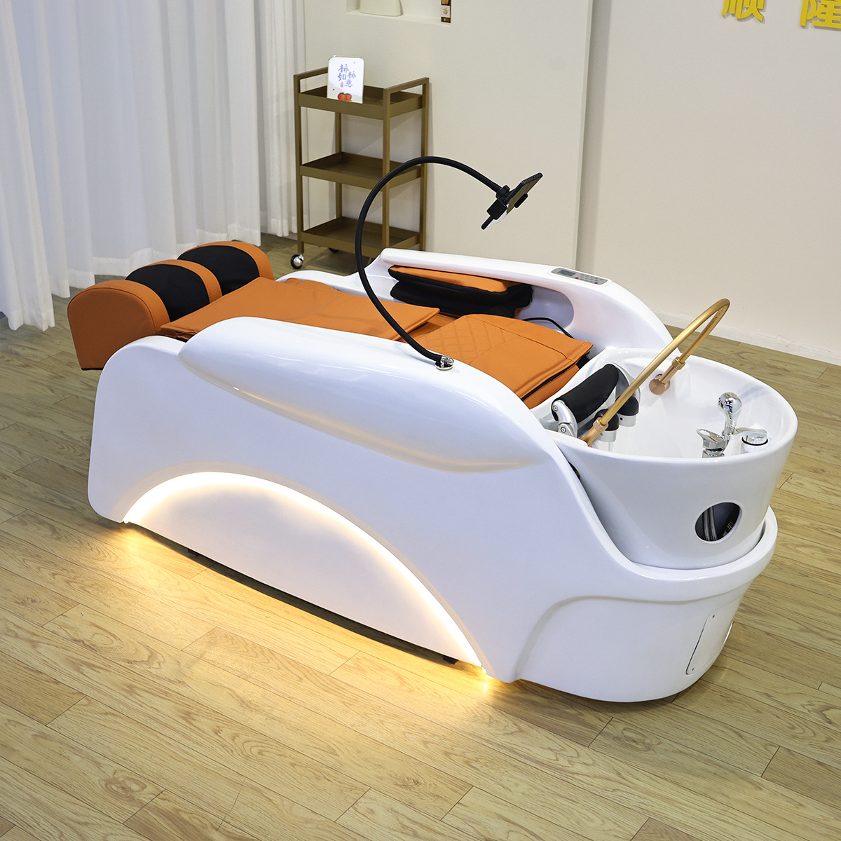 Comercio exterior venta caliente masaje eléctrico lavado de cabello cama de tratamiento de cabello inteligente totalmente automática cama de tratamiento de cabello tipo reclinación de temperatura constante agua circulación fumigante manga