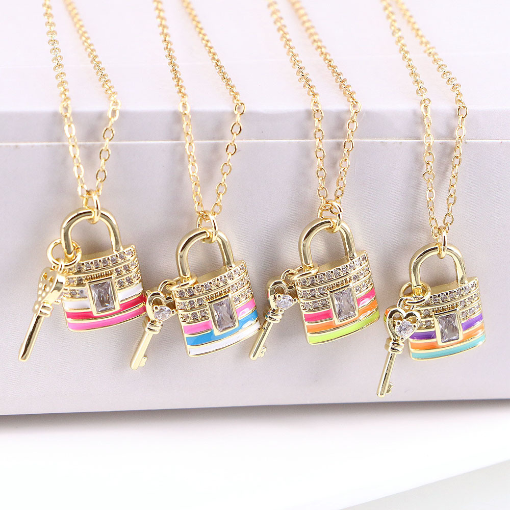 European And American Multicolor Dripping Oil Heart Lock Key Pendant Necklace display picture 3