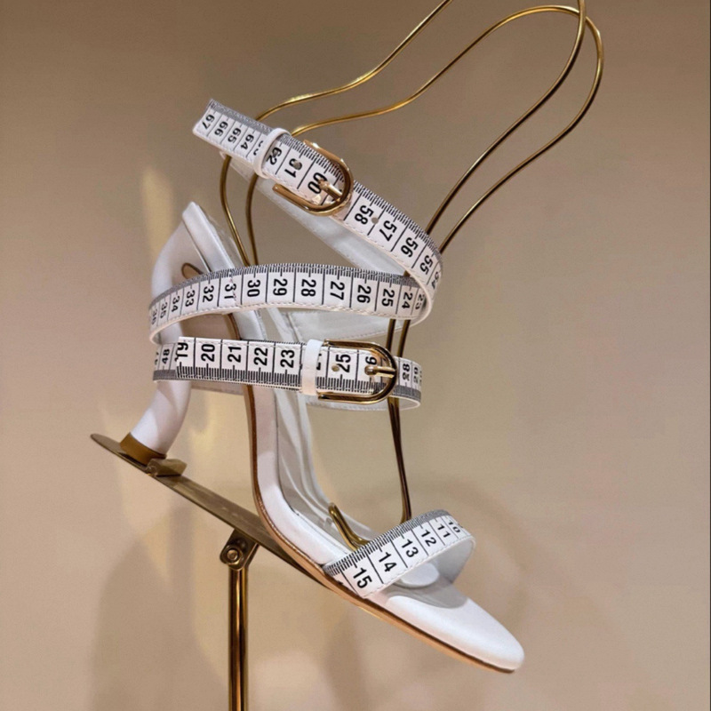 European and American Fashion Designer Measuring Tape Buckle Sandals High Heels Special-Shaped Heels Summer Foreign Trade Light Luxury Women's Shoes