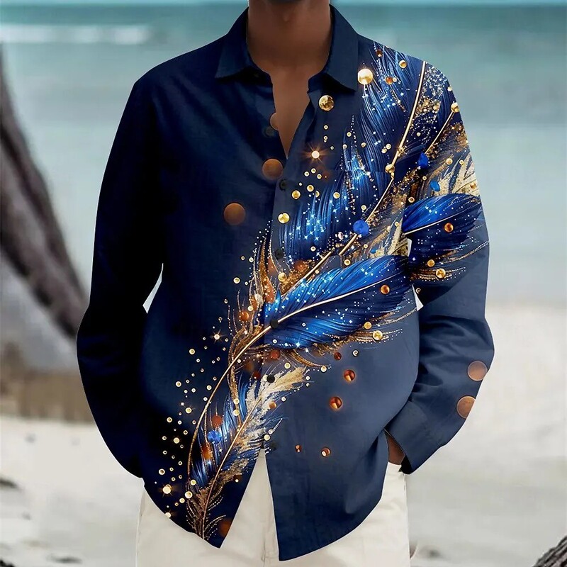 Men's Long Sleeve Shirt - Colorful Feather Print Button-Down Lapel Design Fashionable Casual Autumn Men's Wear