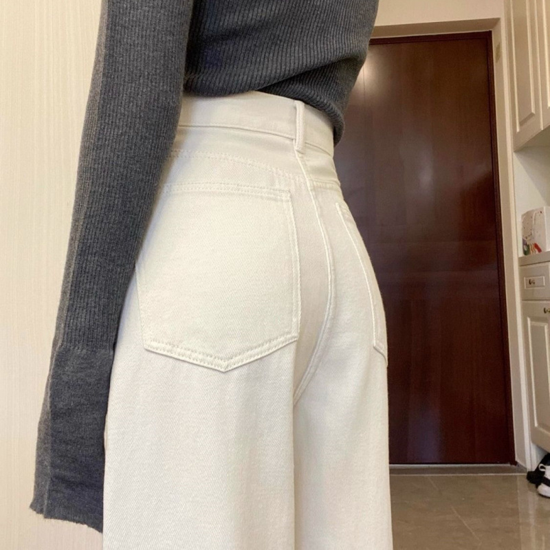 白色高腰牛仔裤子女2025秋冬窄版直筒裤显瘦加绒拖地长裤阔腿裤子|undefined