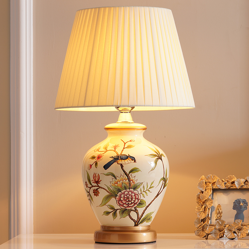 Table Lamp Bedroom Bedside Lamp Living Room American Retro New Chinoiserie European Pastoral Warm Creative Remote Control Ceramic Table Lamp