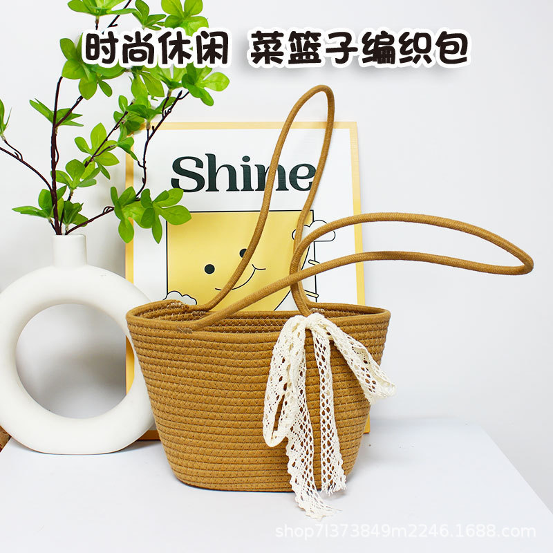 Korean-Style Niche Lazy-Style Woven Gift Bag, Large-Capacity Commuter Tote Basket, Lace Trim, High-End Feel, Crossbody Women's Bag