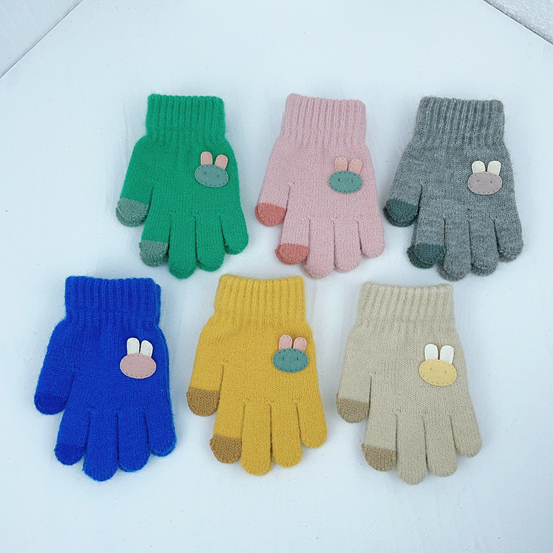 Autumn and Winter Children's gloves wool boys and girls cold-proof warm cute rabbit cartoon baby five-finger knitted gloves