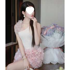越南粉色立体花朵细节挂脖连衣裙纯欲甜美生日礼服裙子夏扎染